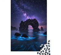 Adult 1000-Piece Jigsaw Puzzle, 'Enchanted Rock Arch Under The Milky Way - Glowing Ocean & Starry Night, 38x26cm/1000pcs, Smooth White Cardboard Pieces; Family Table Time Without A Screen