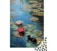 Adult 1000-Piece Jigsaw Puzzle, Meownet Water Lilies III, 38x26cm/1000pcs, for Progress Whenever Time Allows; White Card with A Low-dust Finish