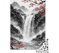 Adult 1000-Piece Jigsaw Puzzle, Misty Waterfall with Red Maple Leaves, 38x26cm/1000pcs; for Quiet Focus at Your Own Pace; White Card Pieces for Tidy Handling