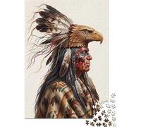 Adult 1000-Piece Jigsaw Puzzle, Native American Warrior with Eagle Headdress, 38x26cm/1000pcs, Smooth White Cardboard Pieces; Family Table Time Without A Screen