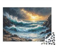Adult 1000-Piece Jigsaw Puzzle, Ocean Waves Sunset, 52x38cm/1000pcs, for Relaxed Evenings at The Table; White Pieces with A Smooth Surface