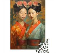 Adult 1000-Piece Jigsaw Puzzle, Painted Asian Twins, 38x26cm/1000pcs, White Pieces with A Smooth Surface; for Calm Hands-on Time after Work