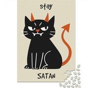 Adult 1000-Piece Jigsaw Puzzle, Stay Satan Devil Cat Illustration, 38x26cm/1000pcs; White Pieces for Organised Sorting; for Quiet Focus at Your Own Pace