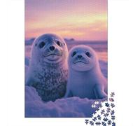 Adult 1000-Piece Jigsaw Puzzle, Two Baby Seals at Sunset, 38x26cm/1000pcs, for Progress Whenever Time Allows; White Card with A Low-dust Finish