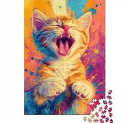Adult 1000-Piece Jigsaw Puzzle, Vibrant Kitten Yawn, 52x38cm/1000pcs, to Return to Whenever Time Permits; Clean White Cardboard for Sorting