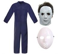 Adult 2-in-1 Halloween Horror Costume Navy Boiler Suit + 2 Masks - Large