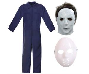Adult 2-in-1 Halloween Horror Costume Navy Boiler Suit + 2 Masks - Large