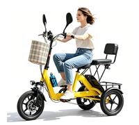 Adult 3 Wheel Electric Tricycle, 350W Brushless Motor Folding 2 Seats Step-Thru Ebike, Removable Battery, Up to 45 Km, for Adults Parents, Yellow