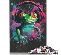 Adult 500 Piece Jigsaw Puzzles Frog with Headphones Jigsaw Puzzle Wood Jigsaw Brain Challenge Puzzle Toy Game 500pcs (52x38cm)