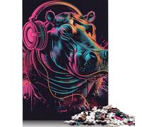 Adult 500 Piece Jigsaw Puzzles Hippo with Headphones Jigsaw Puzzle Wood Jigsaw Brain Challenge Puzzle Toy Game 500pcs (52x38cm)