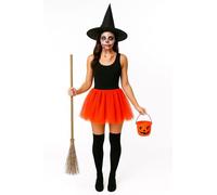 Adult 8-Piece Witch & Horror Fancy Dress Costume Set - Includes Witch Hat, Black Vest, Orange Tutu, Broom, Socks, Bucket, White Mask & Fake Blood - Halloween Outfit for Parties, Cosplay & Trick or Tre