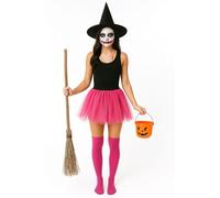 Adult 8-Piece Witch & Horror Fancy Dress Costume Set - Includes Witch Hat, Black Vest, Pink Tutu, Broom, Dark Pink Socks, White Face Paint, Fake Blood & Bucket - Halloween Outfit for Women & Teens,
