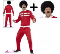 Adult 80's Red Scouser Tracksuit + Wig & Tash Mens Stag Party Retro Fancy Dress