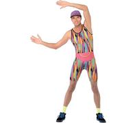Smiffys Aerobics Instructor Costume, Multi-Coloured Bodysuit, Hat & Bum Bag, Fancy Dress, Adult Dress Up Costumes