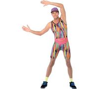 Smiffys Aerobics Instructor Costume, Multi-Coloured Bodysuit, Hat & Bum Bag, Fancy Dress, Adult Dress Up Costumes