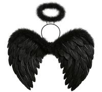 Adult Angel Feather Wings With Halo Headband Halloween Fancy Dress Wings In 2 Colours Black/White Wings with Halo Angel Wings Costume for Adult Halloween Christmas Party 60 x 40 cm (Black)