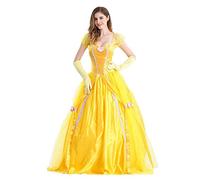 Adult Beauty and The Beast Princess Costume Women Fancy Dress Party Photo Photography Carnival Halloween Costume（(Dress + Gloves) Yellow