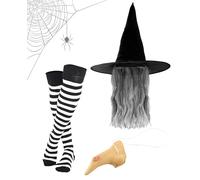Adult Black Witch Hat with Wig + Nose + Stripe Stocking - Witches Wizard Halloween Horror Scary Cosplay Party Fancy Dress Costume (Black/White)