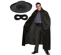 Adult Black Zorro Bandit Spanish Assassin Superhero Thief Fancy Dress Costume Accessory Set with Black Zorro Felt Hat + Eye Mask + Crushed Velvet Cape