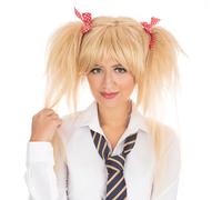 Adult Blonde School Girl Wig Red Bows Pigtail Bunches Fancy Dress Up