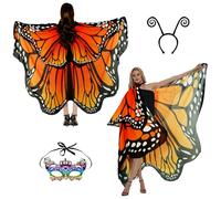 Adult Butterfly Costume Women Monarch Butterfly Wings Adult moth wings Two Layer Cape Shawl Halloween 3Pcs Mask Hairband, Double Layer Chiffon Orange-red, 78*53in