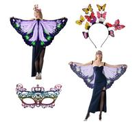 Adult Butterfly Wings Cape, Butterfly Wings Shawl with Mask and Dimensional Butterfly Headband, Double Sided Fairy Wings for Halloween, Party, Cosplay, Dancing (Style 2)