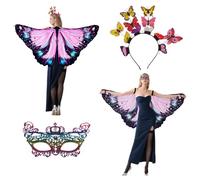 Adult Butterfly Wings Cape, Butterfly Wings Shawl with Mask and Dimensional Butterfly Headband, Double Sided Fairy Wings for Halloween, Party, Cosplay, Dancing (Style 1)