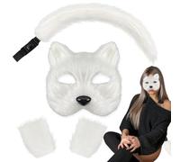 Adult Cat Ears and Tail - Cat Tail Costume, Black and White Paw Gloves, Fox Cat Mask | Paw Gloves Set with Masquerade, Wolf Tail Gloves Set