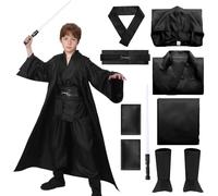 Adult Child Costume Warrior Tunic Laser Saber Cape Hood Black Brown Carnival Halloween Costume Set Military Men Women Accessory Cartoon Cosplay (Black, 150)