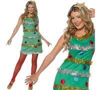 Smiffys Christmas Tree Costume for Women, Green Festive Fancy Dress Outfit with Tinsel Dress & Star Headb& - Fun Holiday Party Costume for Adults Small, World Book Day