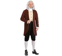 Adult Classic Ben Franklin Costume Colonial Founding Father Outfit with Jacket, Pants, Cravat, and Wig, Brown, Large