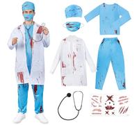 Adult Couple’s Costume Bloody Surgeon and Bloody Nurse Costume Set with Tattoo Toy Knife, Adult Scary Halloween Hospital Fancy Dress for Men and Women (Blue Men)