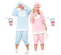 Adult Couples Cute Cry Baby Blue and Pink Costumes + Jumbo Bottle and Dummy Options : Mens Womens Funny Hen Stag Fancy Dress Party (Costumes with Dummies, XL Size : Pink + XL Size : Blue)