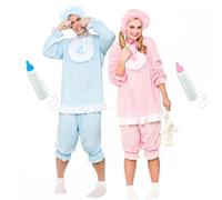 Adult Couples Cute Cry Baby Blue and Pink Costumes + Jumbo Bottle and Dummy Options : Mens Womens Funny Hen Stag Fancy Dress Party (Costumes with Bottles, One Size : Pink + One Size : Blue)
