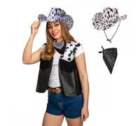 Adult Cowprint Cowgirl or Cowboy Waistcoat + Texan Hat + Bandana Option : Wild West Western Rodeo Hen Fancy Dress (Waistcoat, Hat & Bandana)