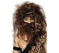 Smiffys Crazy Caveman Set, Brown with Wig, Beard, Headband, Bones & Braids, Cavemen & Women Fancy Dress, Caveman Dress Up Wigs
