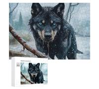 Adult Distinctive Jigsaw Puzzle, Frostbitten Shadows The Winter Wolf - Black Wolf with Blue Eyes, 300 PCS