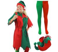 Adult Elf Costume, Green and Red Elf Tunic + Matching Pom Pom Hat + Elf Shoes, Unisex Christmas Fancy Dress Costume, Playful Elf Santa's Little Helper Elf, S - 3XL B,XL