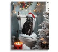 Adult Entertainment Puzzle 1000 Pieces Cute Black Cat Wearing Santa Hat Standing on Snow-Covered Toilet Bowl at Christmas. Festive and Fun Pet-Themed Christmas Items to Brighten up Your Bathroom.