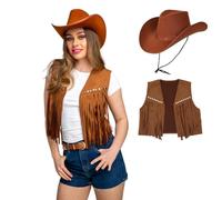 Adult Faux Suede Cowgirl Waistcoat + Brown Texan Hat + Bandana Option : Wild West Western Cowboy Rodeo Hen Fancy Dress (Waistcoat & Hat)