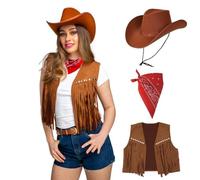 Adult Faux Suede Cowgirl Waistcoat + Brown Texan Hat + Bandana Option : Wild West Western Cowboy Rodeo Hen Fancy Dress (Waistcoat, Hat & Bandana)