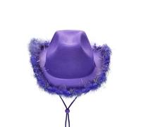 Adult Feather Trim Cowboy Hat High Top Wide Brim Fluff Cowgirl Hat Holiday Party Cow Girl Hats Fancy Dress Accessories (Purple Fluff, ONE Size)