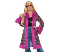 Smiffys 60s Psychedelic Hippie Coat, Pink with Fur Trim, 1960's Groovy Fancy Dress, 1960s Dress Up Costumes