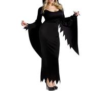 Adult Female Wicked Witch Halloween Fancy Dress Gothic Long Sleeve Hooded Gown Midnight Vampiress Cosplay Outfits (A-Black, M)
