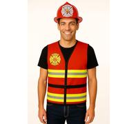 Adult Firefighter Costume with Helmet Fire Brigade Vest Jacket Squad Rescue Uniform for Men High Visibility Reflective Vest Hard Hat Fireman Fancy Dress Outfit for Halloween, Parties Role Play (XXXL)