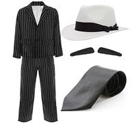 Adult Gangster Fancy Dress Costume - Black & White Pinstripe Suit With Black Trilby Hat With White Satin Band & Spiv Moustache