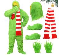 Adult Green Monster Costume, 5PCS Furry Jumpsuit with Mask Gloves Shoe Scarf, Christmas Deluxe Carnival Party Outfit (XX-Large)