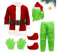 Adult Green Monster Costume, 6PCS Christmas Santa Monster Furry Mask Outfit Gloves Hat, Deluxe Xmas Fancy Cosplay (XX-Large)