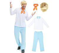 Adult Halloween Costume for Men 60s Outfit with White Long Sleeve Shirt Blue Pants Orange Scarf Blonde Wig Mystery Cosplay