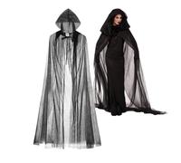 Adult Halloween Costume Full Length Tulle Hooded Cloak Ghost Bride Witch Wizard Fancy Dress Mesh Cape Vintage Vampire Bridal Gothic Sheer Hoodies Robe Medieval Devil Dress Up Cosplay Poncho Cloak